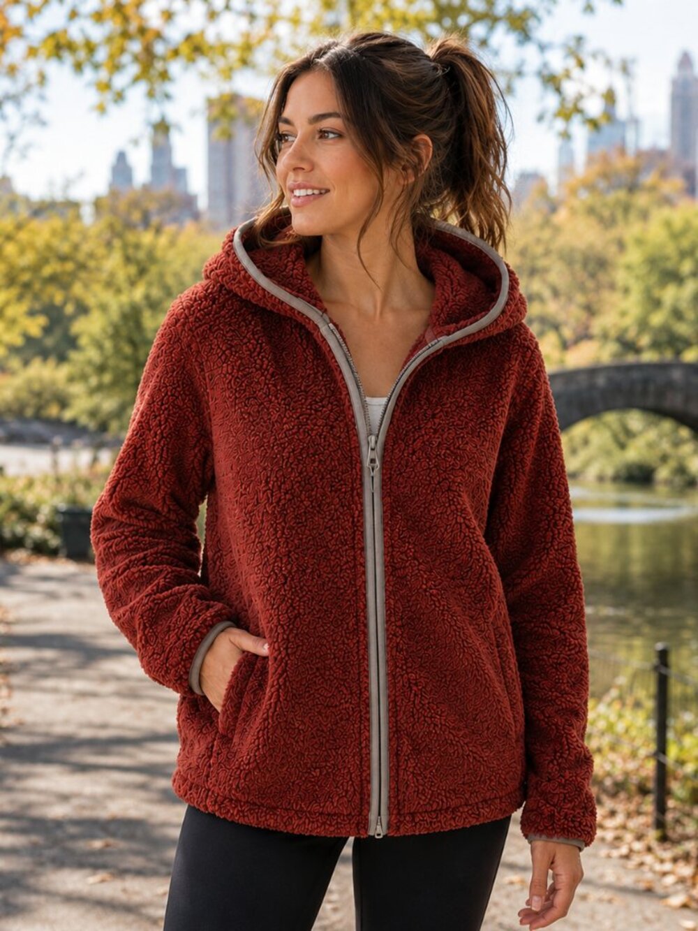 Athleta Sherpa Hoodie Jacket Rust Full Zip Fleece Women's XL Outdoor Athleisure